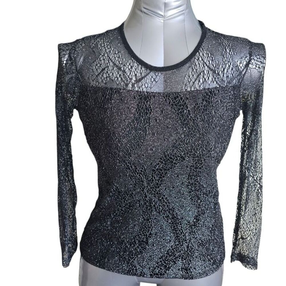 You Lace Glitter Mesh Long Sleeve Top Black Sheer Size L Party Club Sexy